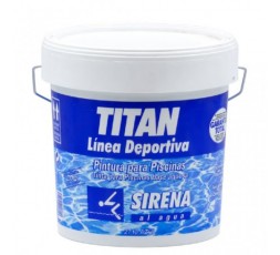 Envase de pintura TITAN Sirena al Agua para piscinas, de color azul y acabado mate, con la etiqueta "Línea Deportiva"