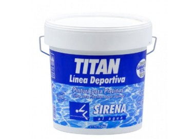 Envase de pintura TITAN Sirena al Agua para piscinas, de color azul y acabado mate, con la etiqueta "Línea Deportiva"