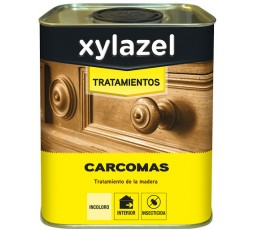 Envase de 750ml de Xylazel Carcomas, tratamiento incoloro para eliminar y prevenir insectos xilófagos en madera.