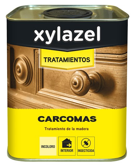 Envase de 750ml de Xylazel Carcomas, tratamiento incoloro para eliminar y prevenir insectos xilófagos en madera.