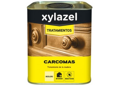 Envase de 750ml de Xylazel Carcomas, tratamiento incoloro para eliminar y prevenir insectos xilófagos en madera.