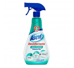Spray pulverizador de 750ml del desinfectante multiusos Asevi Gerpostar Plus con etiquetas de eficacia viricida.