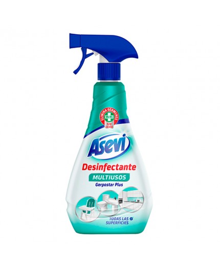 Spray pulverizador de 750ml del desinfectante multiusos Asevi Gerpostar Plus con etiquetas de eficacia viricida.