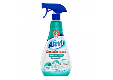 Spray pulverizador de 750ml del desinfectante multiusos Asevi Gerpostar Plus con etiquetas de eficacia viricida.