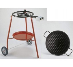 Set Lucia Garcima con paellero de gas, plancha grill esmaltada y soporte con ruedas