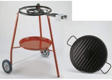 Set Lucia Garcima con paellero de gas, plancha grill esmaltada y soporte con ruedas