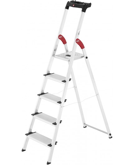 Escalera doméstica de aluminio de 5 peldaños Hailo L80 Comfort con bandeja superior portaherramientas