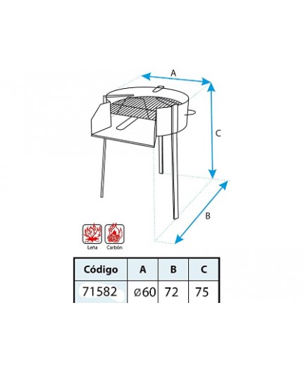 Esquema técnico con las dimensiones de diámetro de 60 cm y altura de 75 cm de la barbacoa.