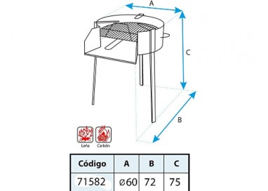 Esquema técnico con las dimensiones de diámetro de 60 cm y altura de 75 cm de la barbacoa.
