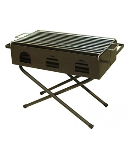 Barbacoa rectangular portátil y plegable Imex El Zorro modelo 71445 con patas de tijera cruzadas y parrilla zincada.