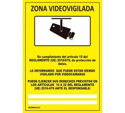 Cartel amarillo homologado de Zona Videovigilada Normaluz en formato PVC rígido de 300x200mm