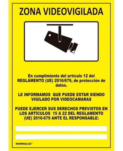 Cartel amarillo homologado de Zona Videovigilada Normaluz en formato PVC rígido de 300x200mm