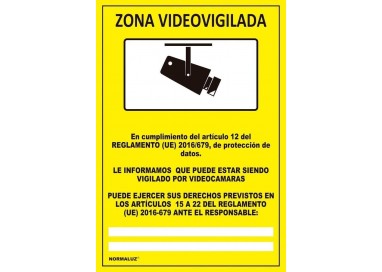 Cartel amarillo homologado de Zona Videovigilada Normaluz en formato PVC rígido de 300x200mm