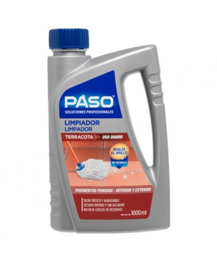 Botella de 1L de Paso Limpiador de Moho con etiquetas de advertencia y modo de uso.