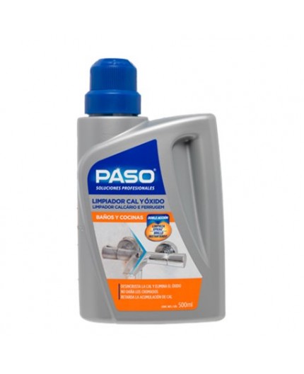 Botella de 1L de Paso Antical y Quita óxido con etiqueta lila y gráfico de limpieza de grifería.