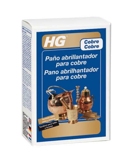 Caja de paño abrillantador HG para cobre y latón con ejemplos de objetos de bronce brillantes