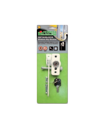 Retenedor de seguridad FERPASA Retainlock con llave instalado en ventana blanca