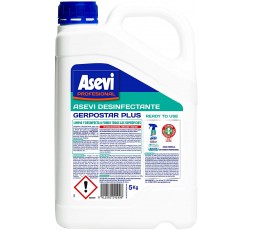 Garrafa de 5kg de Desinfectante Multisuperficies Asevi Profesional Gerpostar Plus de color blanco con tapón azul.