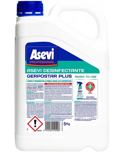 Garrafa de 5kg de Desinfectante Multisuperficies Asevi Profesional Gerpostar Plus de color blanco con tapón azul.