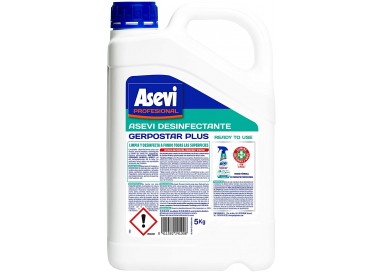 Garrafa de 5kg de Desinfectante Multisuperficies Asevi Profesional Gerpostar Plus de color blanco con tapón azul.