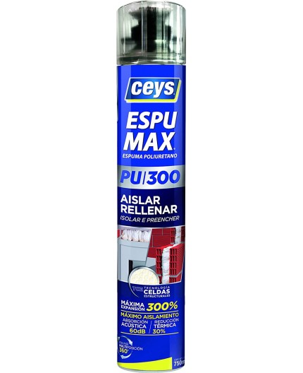 Bote de 750ml de Ceys Espumax PU 300 con indicación de máxima expansión 300% y aislamiento acústico de 60dB.