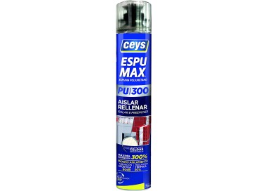 Bote de 750ml de Ceys Espumax PU 300 con indicación de máxima expansión 300% y aislamiento acústico de 60dB.