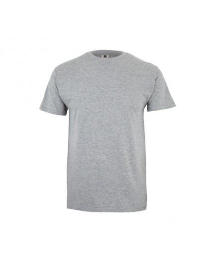 Camiseta laboral de manga corta con cuello redondo en color gris neutro para uniformes de trabajo.