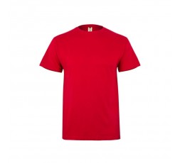 Vista frontal completa de la camiseta de manga corta con cuello redondo en color rojo para ropa de trabajo.