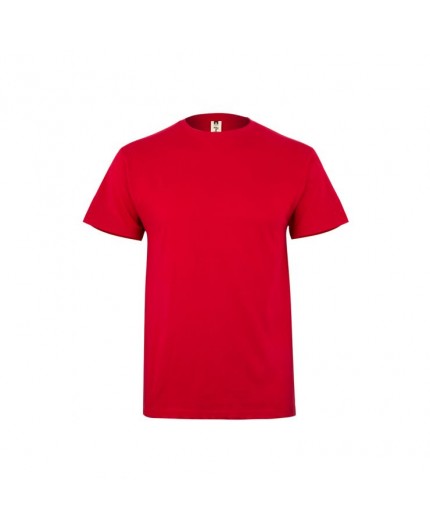 Vista frontal completa de la camiseta de manga corta con cuello redondo en color rojo para ropa de trabajo.