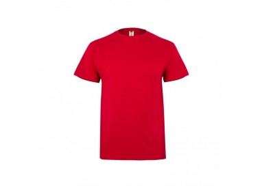 Vista frontal completa de la camiseta de manga corta con cuello redondo en color rojo para ropa de trabajo.