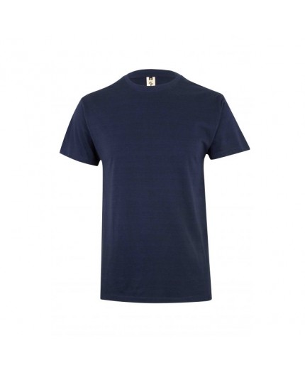 Vista frontal completa de la camiseta de manga corta con cuello redondo en color azul marino para ropa de trabajo.