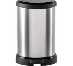 Cubo de basura Curver Deco Bin gris de 20 litros con pedal negro y etiquetas de características técnicas.