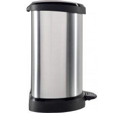 Cubo de basura Curver Deco Bin gris de 20 litros con pedal negro y etiquetas de características técnicas. 2