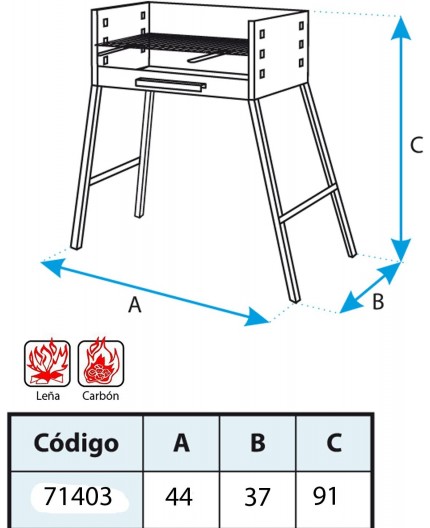 Esquema técnico de la barbacoa con dimensiones detalladas de altura y base