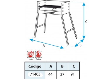 Esquema técnico de la barbacoa con dimensiones detalladas de altura y base