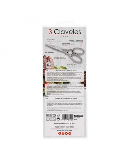 3 CLAVELES Tijera Cocina Star Acero Inox 8" – 00402