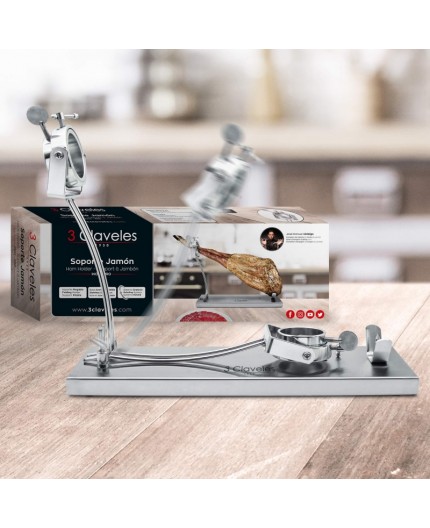 Soporte Jamonero Giratorio 3 Claveles - Base Inoxidable y Plegable.