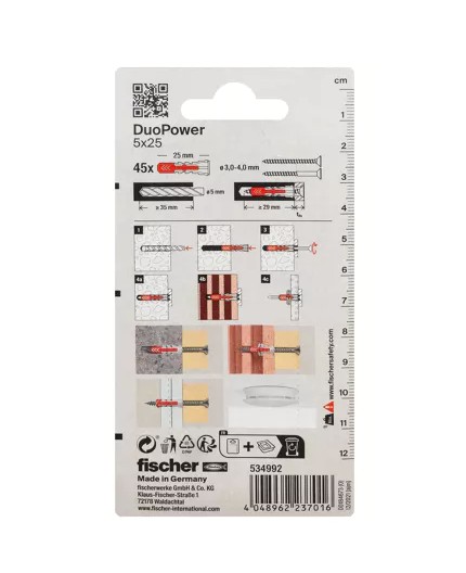 Fischer DuoPower 8x40: Ideal para Yeso, Hormigón y Madera