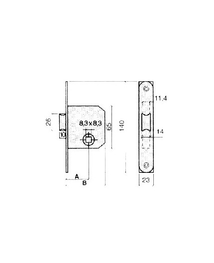Plano técnico del picaporte UCEM 6134 con cotas de frente de 140x23 mm y aguja de 45 mm