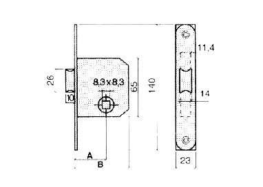 Plano técnico del picaporte UCEM 6134 con cotas de frente de 140x23 mm y aguja de 45 mm