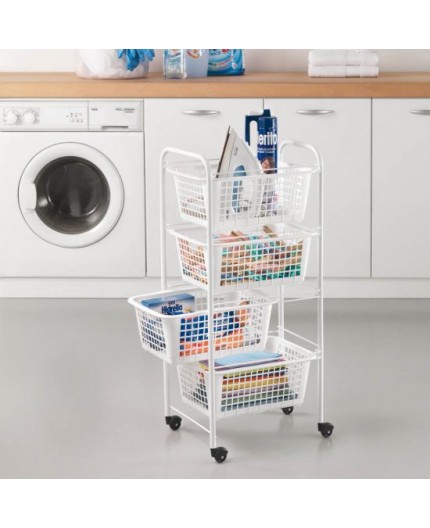 Carro Metaltéx con 4 cestas extraíbles en una cocina moderna, utilizado para organizar frutas y verduras.