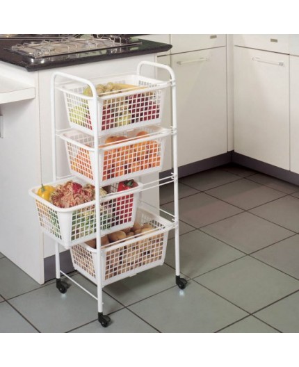 Carro multiusos blanco con ruedas en un espacio doméstico, ideal para almacenamiento y organización.