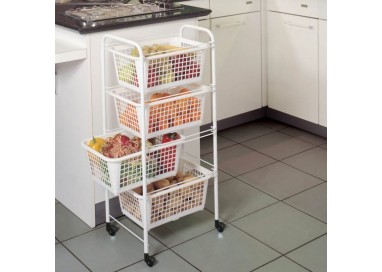 Carro multiusos blanco con ruedas en un espacio doméstico, ideal para almacenamiento y organización.