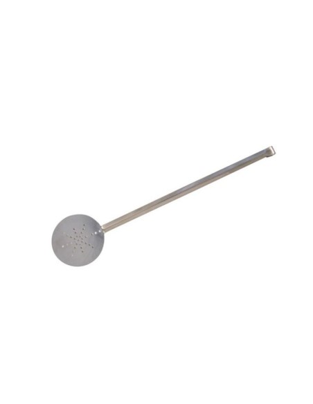 Paleta valenciana Villafranca de acero inoxidable agujereada de 50 cm, con su mango y superficie perforada claramente visibles.