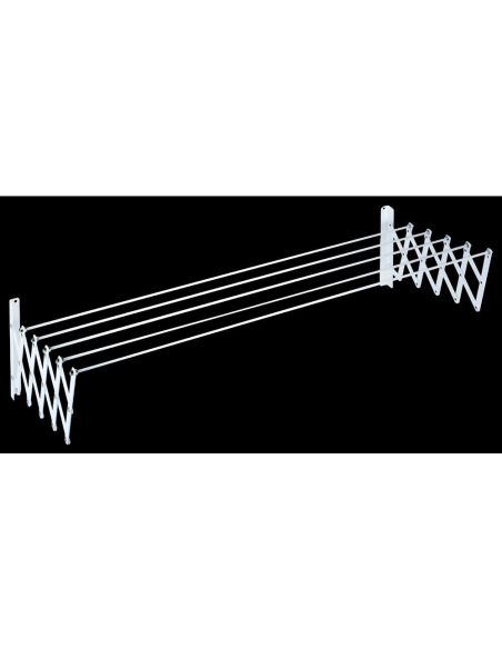 Tendedero extensible SECATOT de metal blanco de 190 cm completamente abierto y listo para secar ropa en un balcón exterior.