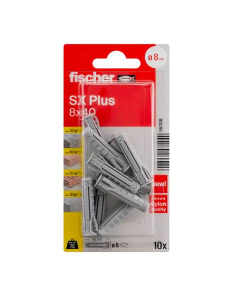 Tacos Fischer SX Plus 8x40: Fijación Sólida en Hormigón y Ladrillo