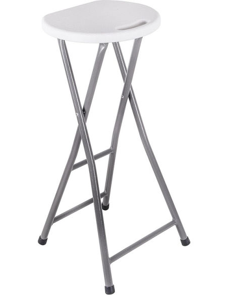 Taburete alto plegable Aranaz de 70 cm con asiento de polietileno blanco y patas metálicas grises