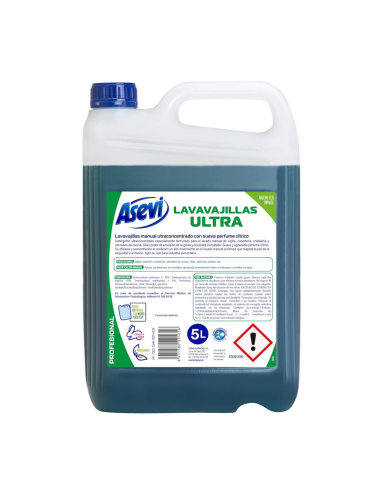 Garrafa de 5 litros de lavavajillas líquido Asevi Ultra Profesional de color verde con etiqueta informativa.