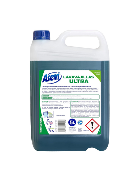 Garrafa de 5 litros de lavavajillas líquido Asevi Ultra Profesional de color verde con etiqueta informativa.