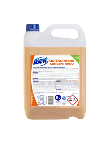 Garrafa de 5 litros de quitagrasas concentrado Asevi Profesional de color naranja suave con tapón azul.